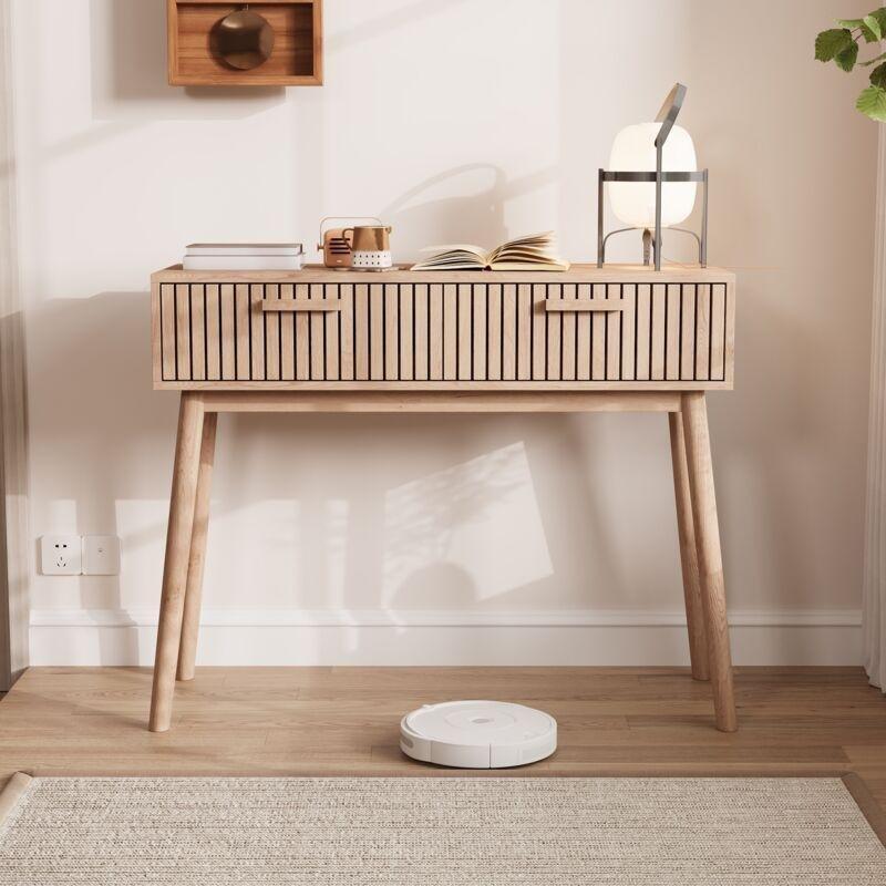 Doğal Ahşap Rengi MDF ve Cam Malzeme 2 Çekmeceli Dresuar - 100x35x80 cm - 134063
