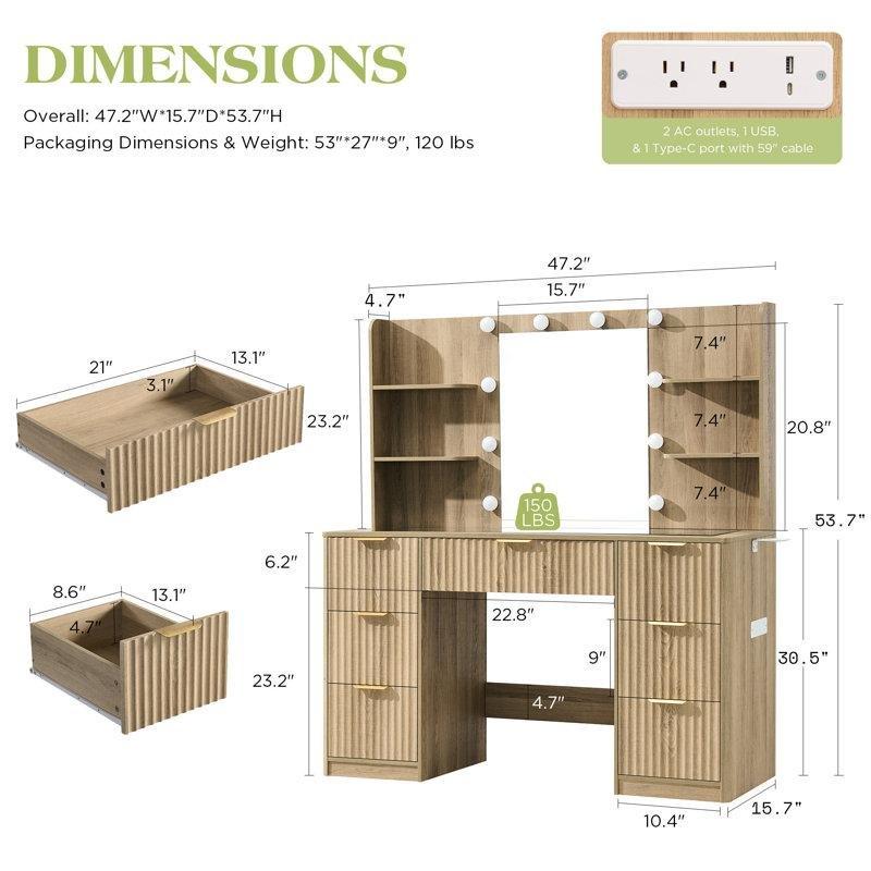 Doğal Ahşap Rengi MDF ve Cam Tablalı 7 Çekmeceli LED Işıklı Aynalı Şarj İstasyonlu Makyaj Masası - 120x40x137 cm - 121693