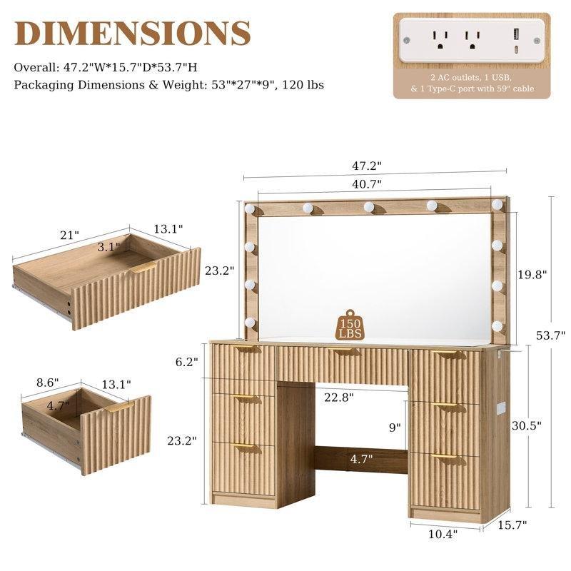 Doğal Ahşap Rengi MDF ve Cam Tablalı 7 Çekmeceli LED Işıklı Şarj İstasyonlu Makyaj Masası - 120 cm - 121873