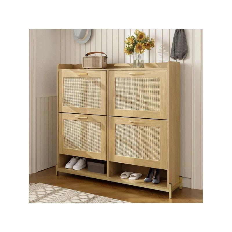 Doğal Ahşap Rengi MDF ve Metal 4 Düşer Kapaklı Rattan Görünümlü Ayakkabılık - 109x24x100 cm - 118600