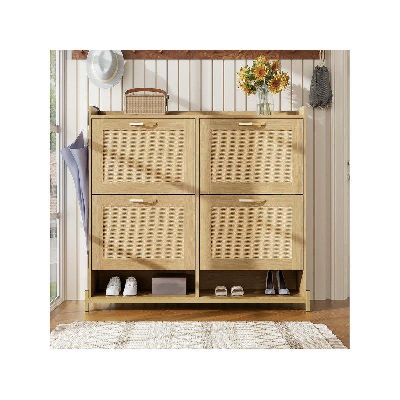 Doğal Ahşap Rengi MDF ve Metal 4 Düşer Kapaklı Rattan Görünümlü Ayakkabılık - 109x24x100 cm - 118600