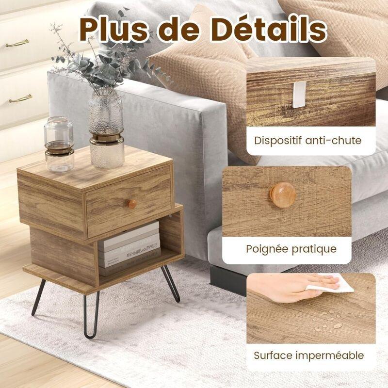 Doğal Ahşap Rengi MDF ve Metal Ayaklı Çekmeceli Raflı İkili Komodin Seti - 39x29x47 cm - 127745