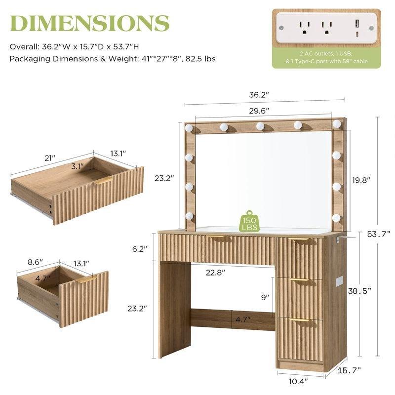 Doğal Ahşap Rengi MDF ve Temperli Cam LED Işıklı USB Çıkışlı Modern Makyaj Masası - 92 cm - 121723