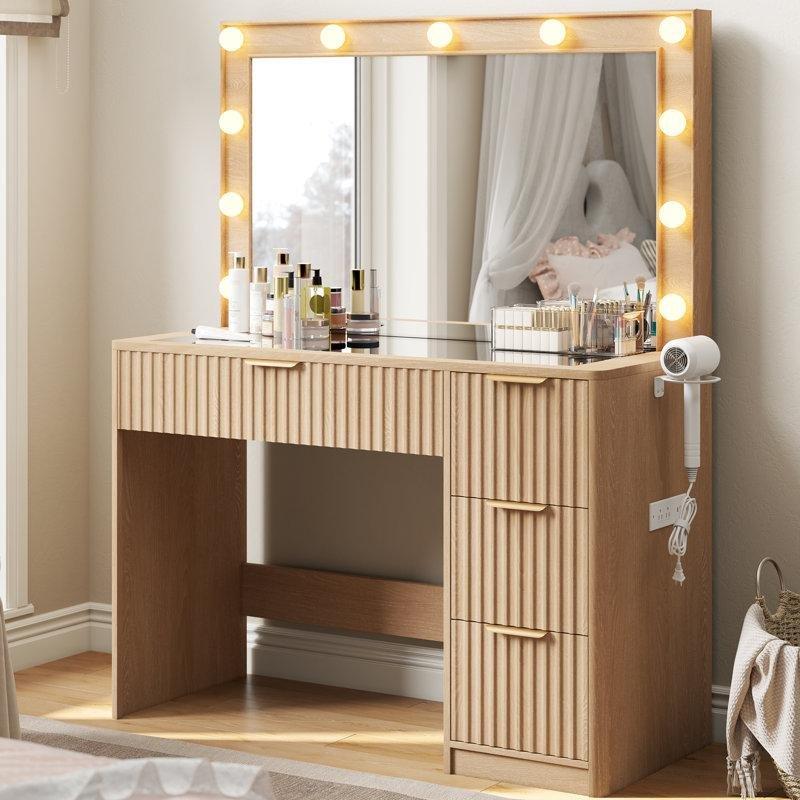 Doğal Ahşap Rengi MDF ve Temperli Cam LED Işıklı USB Çıkışlı Modern Makyaj Masası - 92 cm - 121723
