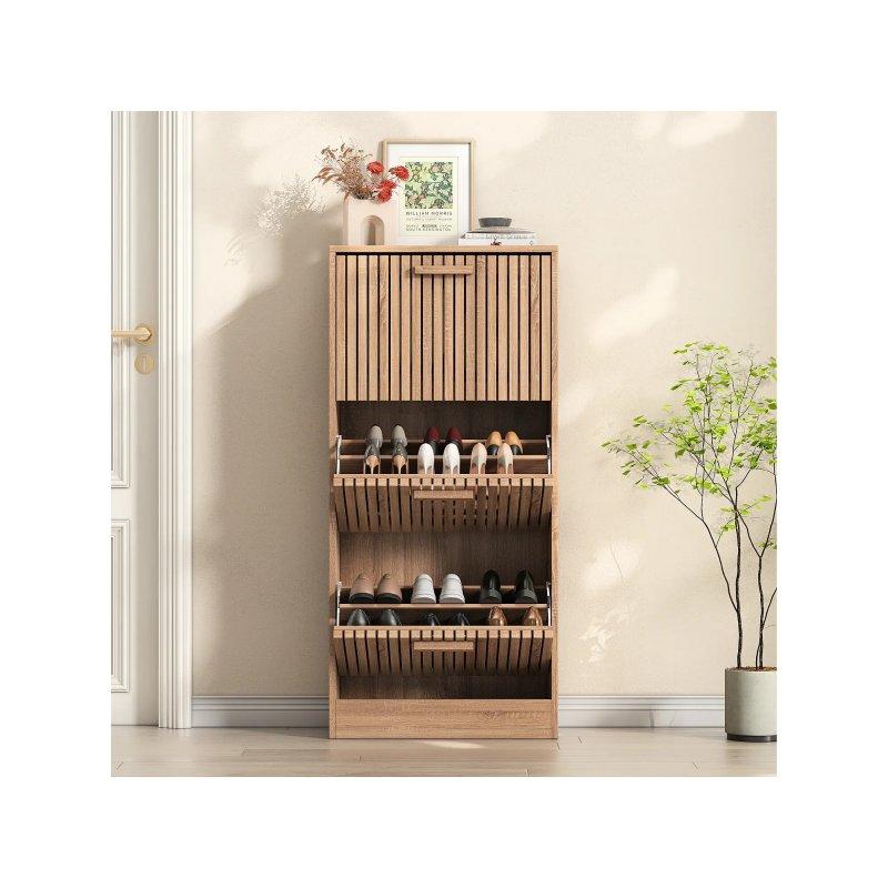 Doğal Ahşap Rengi Rattan Desenli 3 Düşer Kapaklı Ayakkabılık - 60 x 24 x 113 cm - 118732