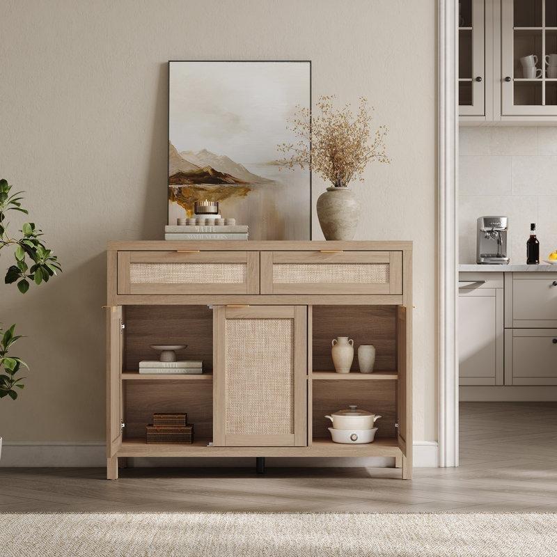 Doğal Ahşap Rengi Rattan Detaylı 2 Çekmeceli 3 Kapaklı Konsol - 111 cm - 128653
