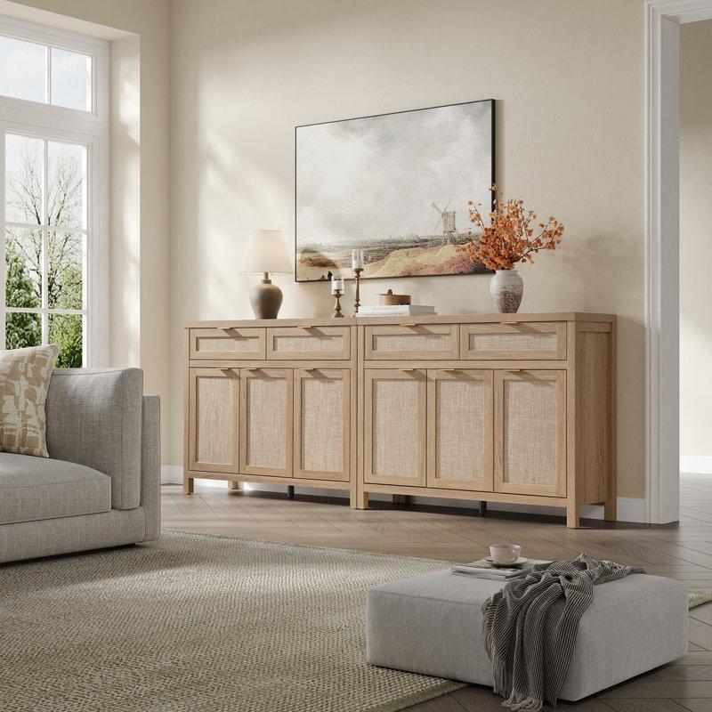 Doğal Ahşap Rengi Rattan Detaylı 2 Çekmeceli 3 Kapaklı Konsol - 111 cm - 128653