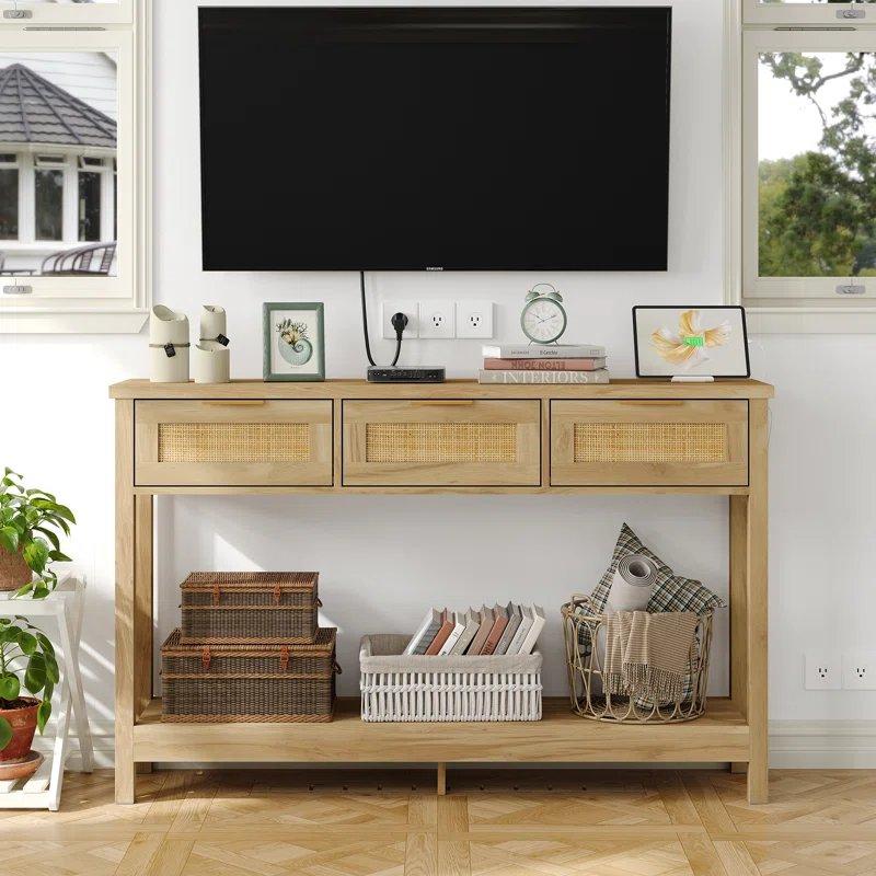 Doğal Ahşap Rengi Rattan Detaylı 3 Çekmeceli ve Prizli Bohem Dresuar - 131x30x83 cm - 131566