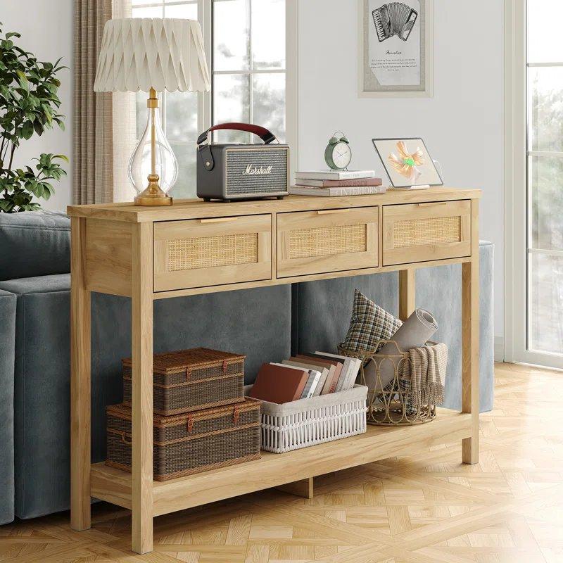 Doğal Ahşap Rengi Rattan Detaylı 3 Çekmeceli ve Prizli Bohem Dresuar - 131x30x83 cm - 131566