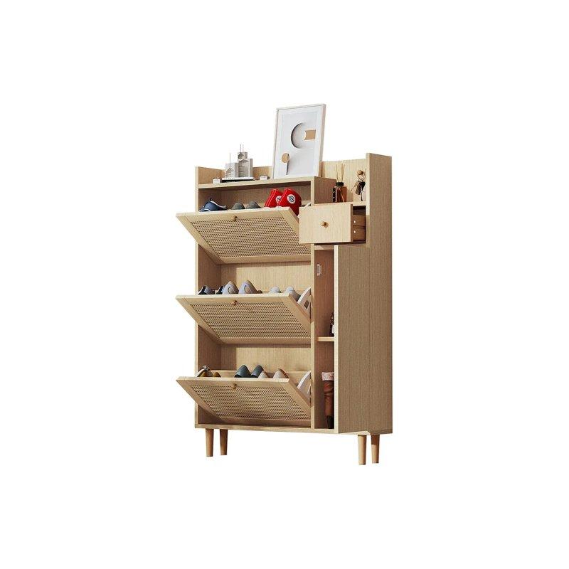Doğal Ahşap Rengi Rattan Detaylı 3 Düşer Kapaklı Çekmeceli Ayakkabılık - 90x17x125 cm - 118741
