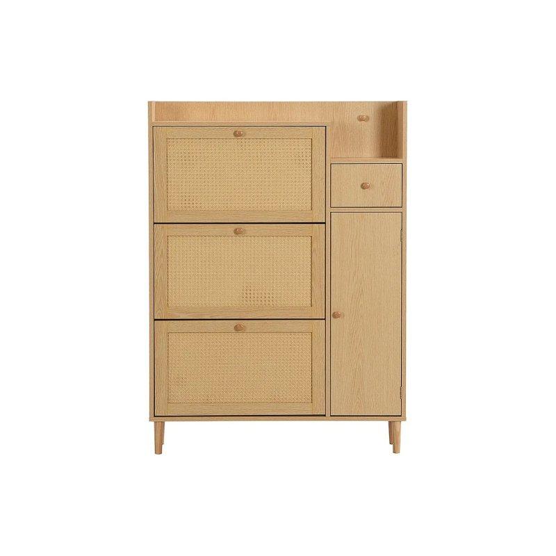 Doğal Ahşap Rengi Rattan Detaylı 3 Düşer Kapaklı Çekmeceli Ayakkabılık - 90x17x125 cm - 118741