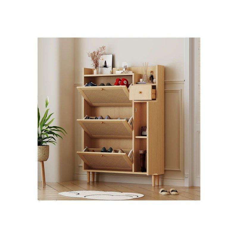 Doğal Ahşap Rengi Rattan Detaylı 4 Kapaklı Çekmeceli Düşer Kapak Ayakkabılık - 90x17x125 cm - 118708