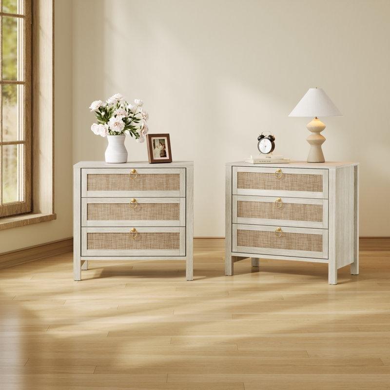 Doğal Ahşap Rengi Rattan Detaylı Gold Kulplu 3 Çekmeceli 2'li Set Komodin - 69x40x66 cm - 127169