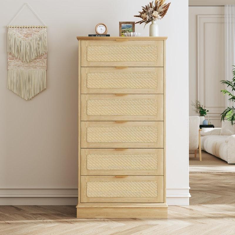 Doğal Ahşap Rengi Rattan Detaylı Gold Kulplu 6 Çekmeceli Yüksek Şifonyer - 61x43x129 cm - 122974