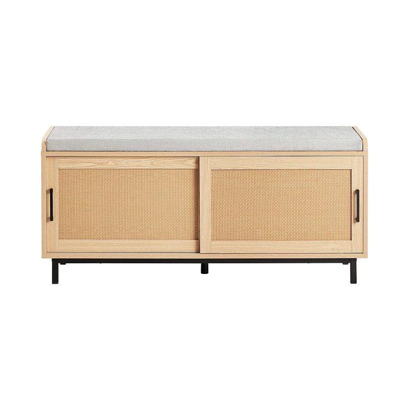 Doğal Ahşap Rengi Rattan Detaylı ve Metal Ayaklı Minderli Sürgülü Kapaklı Ayakkabılık -110x40x49 cm - 118288