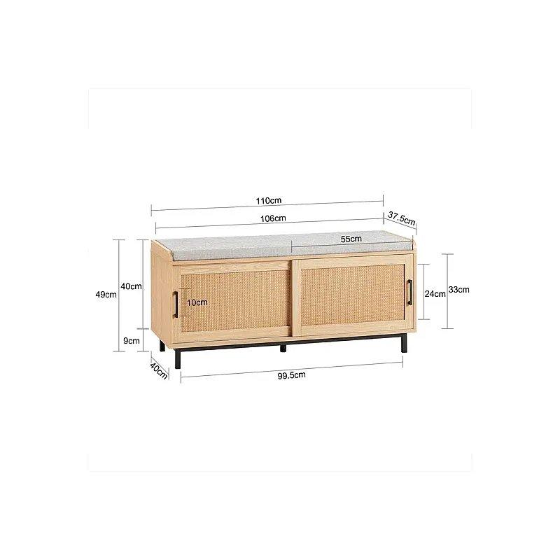 Doğal Ahşap Rengi Rattan Detaylı ve Metal Ayaklı Minderli Sürgülü Kapaklı Ayakkabılık -110x40x49 cm - 118288