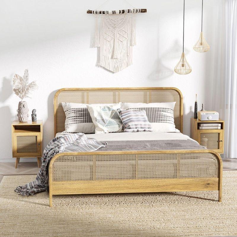 Doğal Ahşap Rengi Rattan Görünümlü Kapaklı ve Raflı 2'li Set Komodin - 39x35x60 cm - 127825