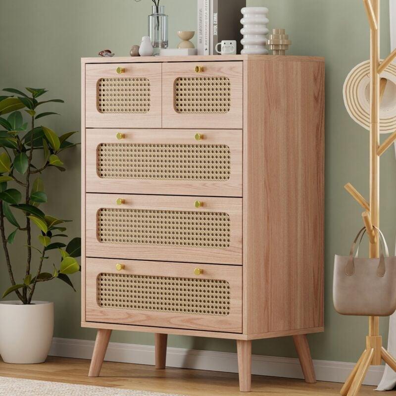 Doğal Ahşap Rengi Rattan Örme Ön Yüzeyli Gold Kulp Detaylı 5 Çekmeceli Şifonyer - 60x34x91 cm - 123298