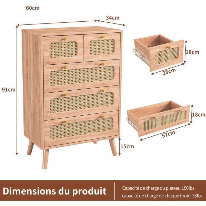 Doğal Ahşap Rengi Rattan Örme Ön Yüzeyli Gold Kulp Detaylı 5 Çekmeceli Şifonyer - 60x34x91 cm - 123298