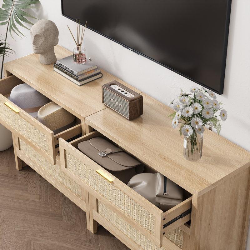 Doğal Ahşap Rengi Rattan ve Endüstriyel Ahşap 3 Çekmeceli Gold Kulplu Şifonyer İkili Set - 80 cm - 122815