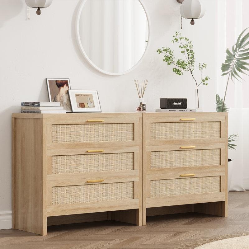 Doğal Ahşap Rengi Rattan ve Endüstriyel Ahşap 3 Çekmeceli Gold Kulplu Şifonyer İkili Set - 80 cm - 122815