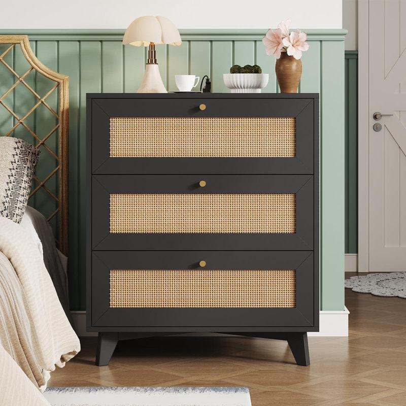Doğal Ahşap Rengi Rattan ve Masif 3 Çekmeceli USB Şarj Girişli Komodin - 60x40x75 cm - 127097