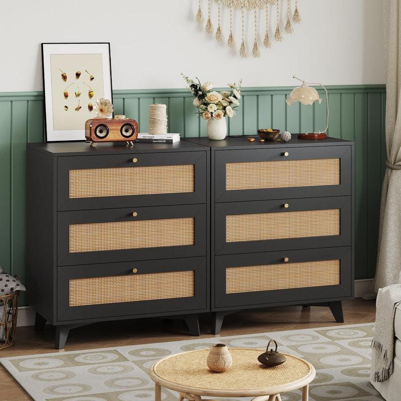 Doğal Ahşap Rengi Rattan ve Masif 3 Çekmeceli USB Şarj Girişli Komodin - 60x40x75 cm - 127097