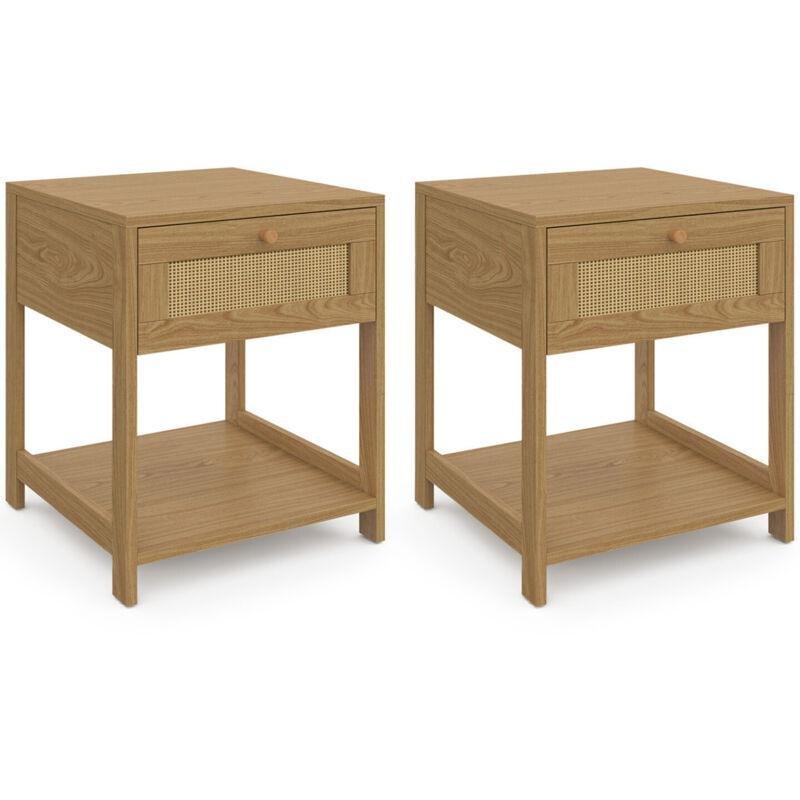 Doğal Ahşap Rengi Rattan ve Masif Çam Ayaklı Çekmeceli İkili Komodin Seti - 40x40x48 cm - 127795