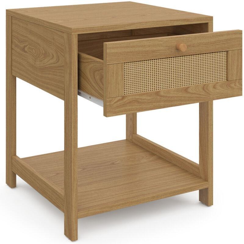 Doğal Ahşap Rengi Rattan ve Masif Çam Ayaklı Çekmeceli İkili Komodin Seti - 40x40x48 cm - 127795