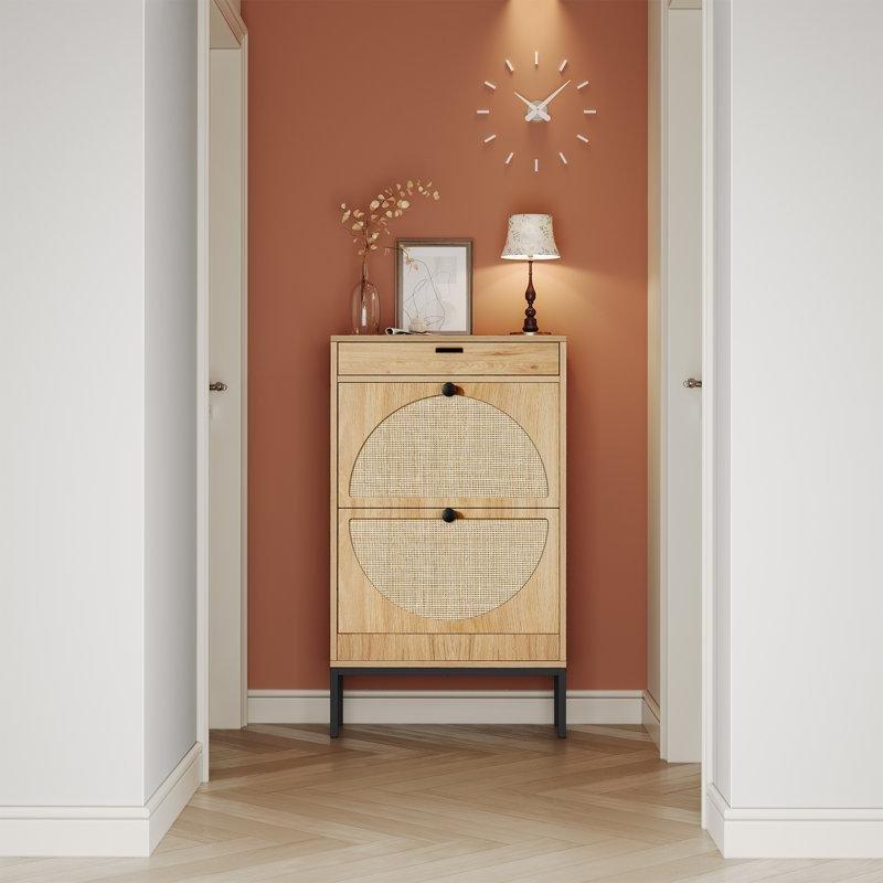 Doğal Ahşap Rengi Rattan ve Metal Çekmeceli Düşer Kapaklı Ayakkabılık - 60x22x105 cm - 120706
