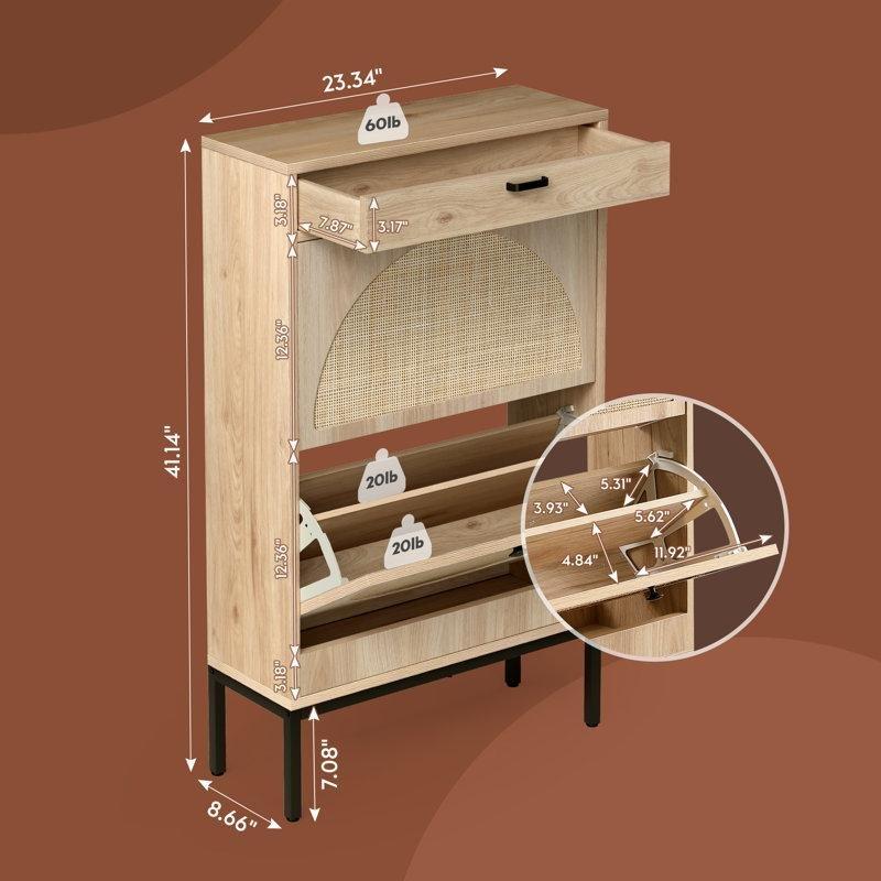 Doğal Ahşap Rengi Rattan ve Metal Çekmeceli Düşer Kapaklı Ayakkabılık - 60x22x105 cm - 120706