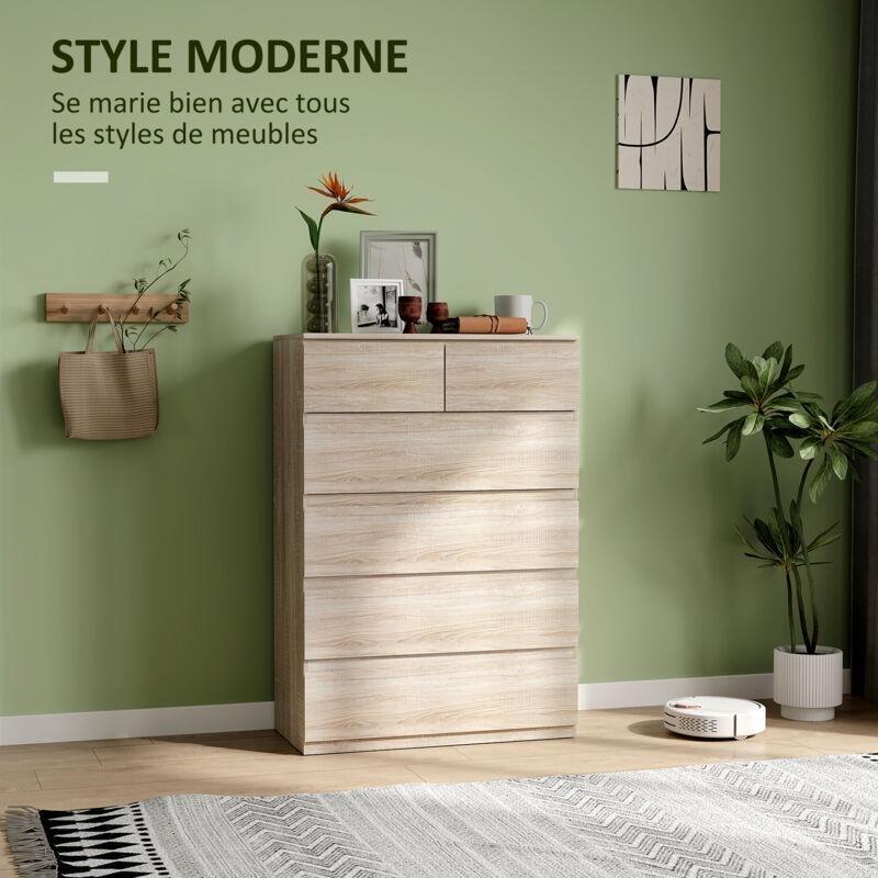 Doğal Ahşap Rengi Yonga Levha 6 Çekmeceli Kulpsuz Tasarım Şifonyer - 80x39x115 cm - 123570