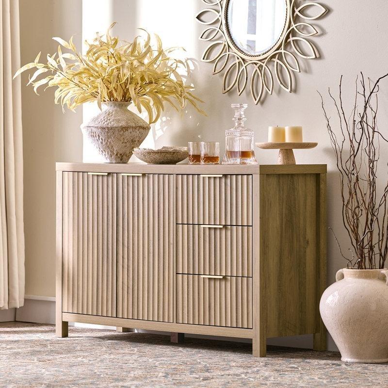 Doğal Ahşap Renk Endüstriyel Ahşap 3 Çekmeceli Yivli Tasarım Konsol - 119x40x75 cm - 128680