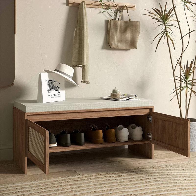 Doğal Ahşap Renk Endüstriyel Ahşap Minderli Ve Kapaklı Hasır Ayakkabılık - 101x41x46 cm - 120985