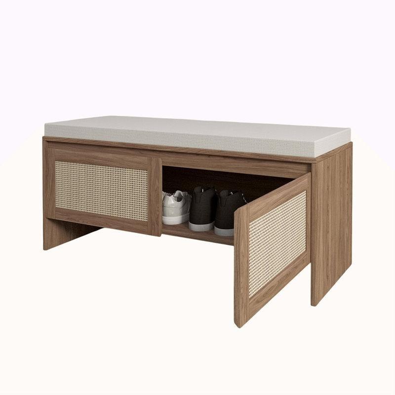 Doğal Ahşap Renk Endüstriyel Ahşap Minderli Ve Kapaklı Hasır Ayakkabılık - 101x41x46 cm - 120985