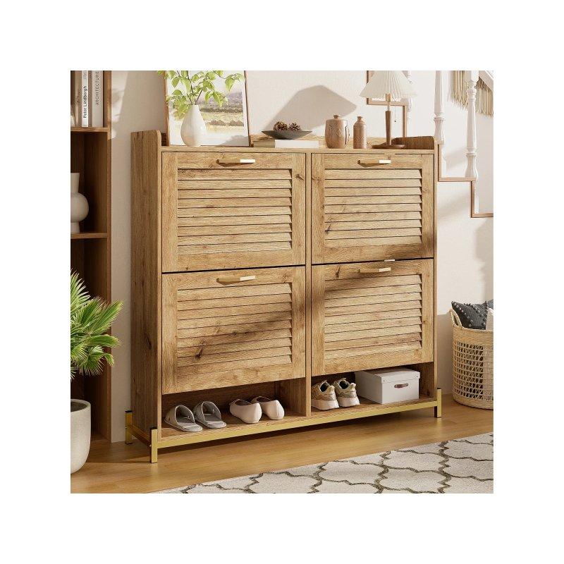 Doğal Ahşap Renk MDF 4 Düşer Kapaklı ve Alt Raflı Panjur Tasarımlı Ayakkabılık - 109x24x100 cm - 118570