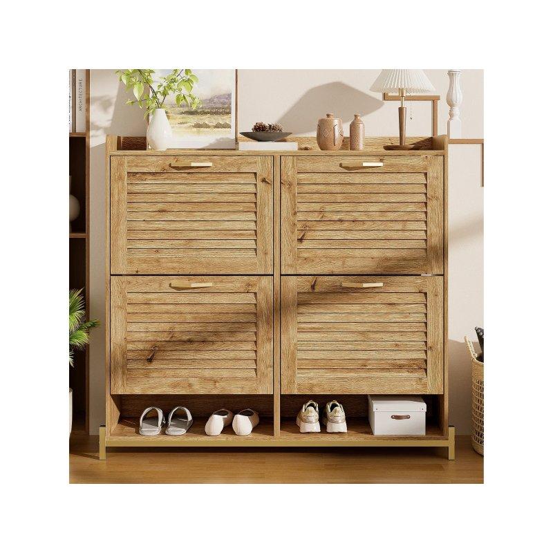 Doğal Ahşap Renk MDF 4 Düşer Kapaklı ve Alt Raflı Panjur Tasarımlı Ayakkabılık - 109x24x100 cm - 118570