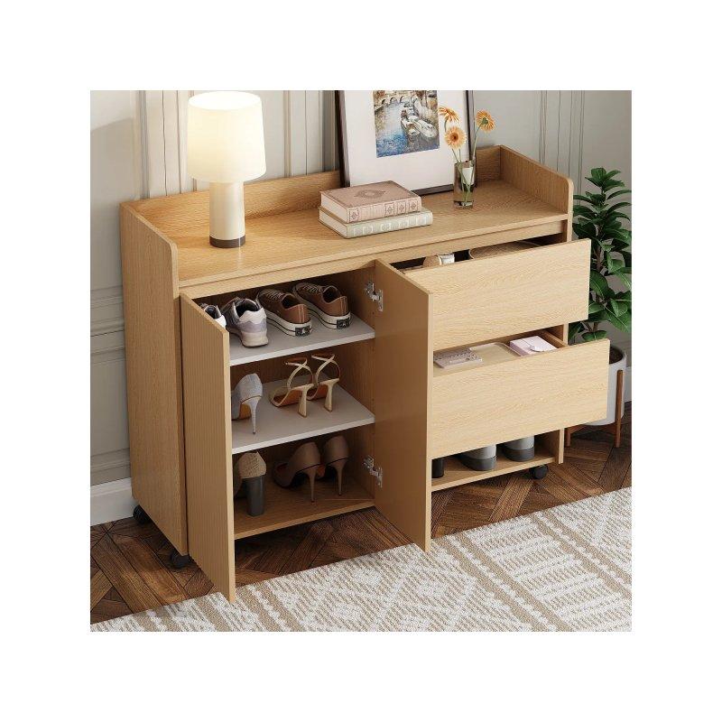 Doğal Ahşap Renk MDF Tekerlekli Çekmeceli Ayakkabılık - 110x35x86 cm - 118672