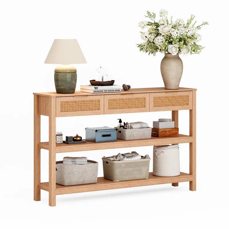 Doğal Ahşap Renkli Rattan Tasarımlı 3 Çekmeceli Raflı Bohem Dresuar - 130x31x81 cm - 131515