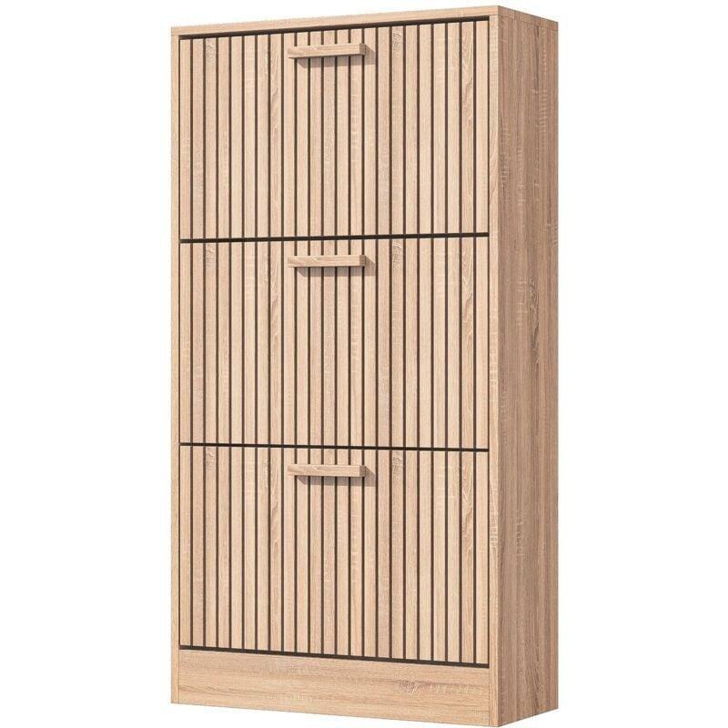 Doğal Ahşap Renkli Yonga Levha 3 Düşer Kapaklı Çıtalı Tasarım Ahşap Ayakkabılık - 60x24x113 cm - 119022
