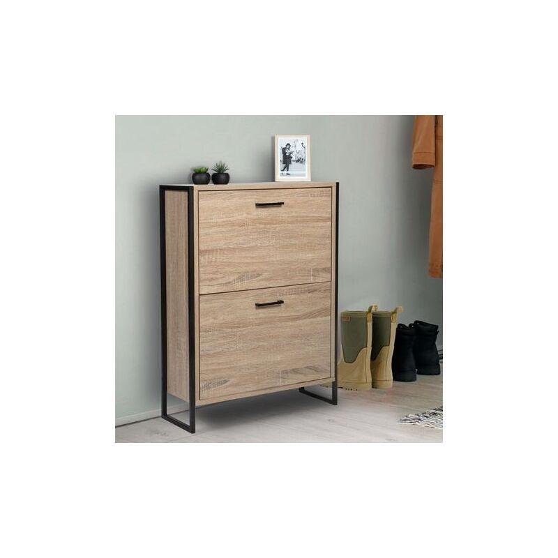 Doğal Ahşap Tonlu ve Siyah Metal Endüstriyel Tasarım 2 Düşer Kapaklı Ayakkabılık - 64x24x85 cm - 119114