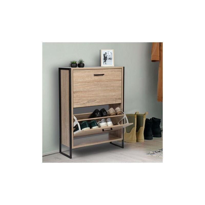 Doğal Ahşap Tonlu ve Siyah Metal Endüstriyel Tasarım 2 Düşer Kapaklı Ayakkabılık - 64x24x85 cm - 119114