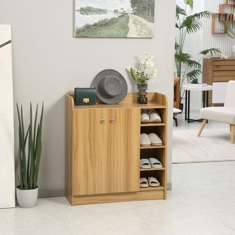Doğal Ahşap Tonu Endüstriyel Ahşap 2 Kapaklı ve Açık Bölmeli Ayakkabılık - 83x30x90 cm - 119478