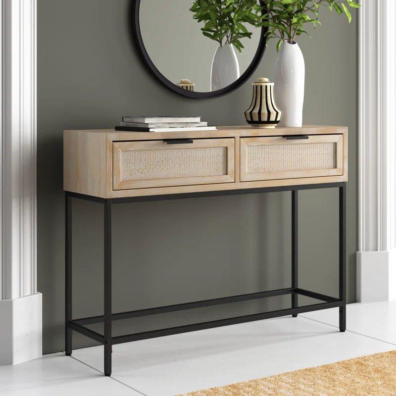 Doğal Ahşap Tonu Rattan ve Metal Ayaklı 2 Çekmeceli Bohem Dresuar - 102x30x76 cm - 132266