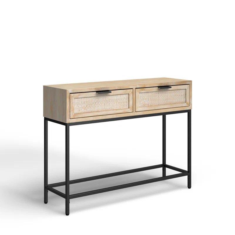 Doğal Ahşap Tonu Rattan ve Metal Ayaklı 2 Çekmeceli Bohem Dresuar - 102x30x76 cm - 132266