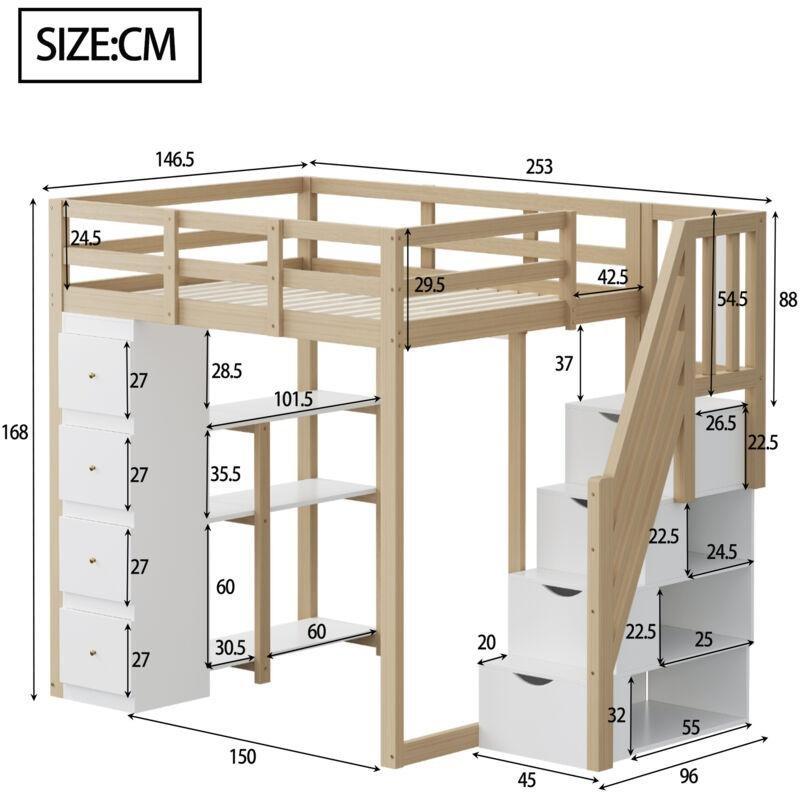 Doğal Ahşap ve Beyaz Çam Masif Merdivenli Çok Amaçlı Depolama Ünitesi Altı Boş Ranza - 140x200 cm - 125054