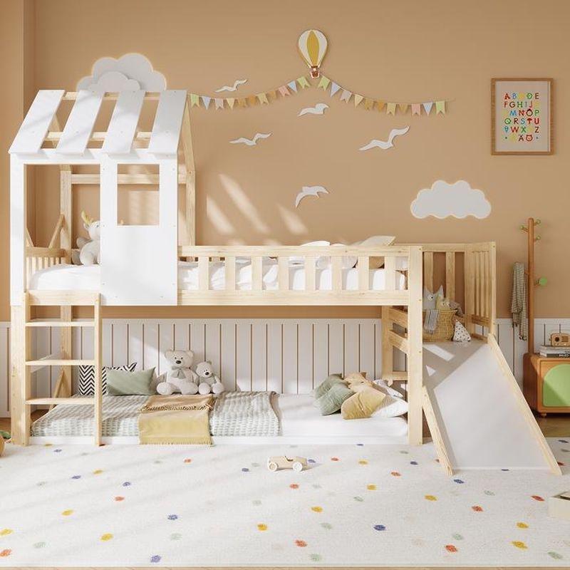 Doğal Ahşap ve Beyaz Masif Çam Ev Tasarımlı Kaydıraklı Ranza - 90x190 cm - 125704