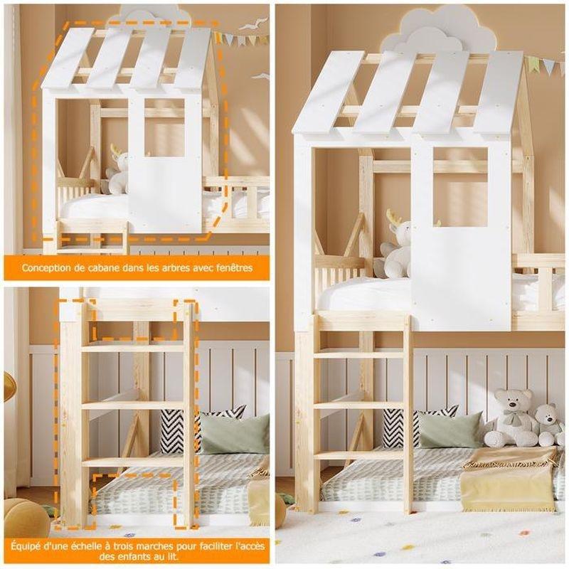 Doğal Ahşap ve Beyaz Masif Çam Ev Tasarımlı Kaydıraklı Ranza - 90x190 cm - 125704