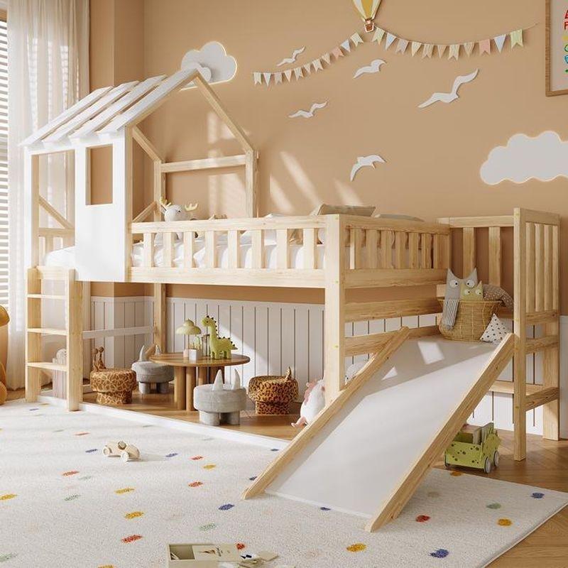 Doğal Ahşap ve Beyaz Masif Çam Ev Tasarımlı Kaydıraklı Ranza - 90x190 cm - 125704