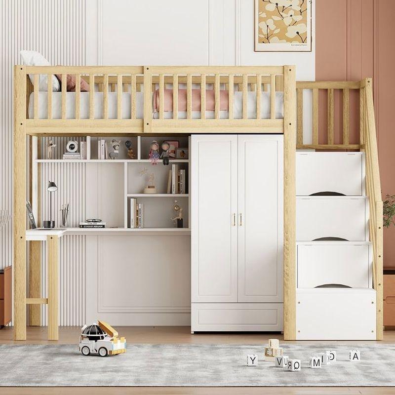 Doğal Ahşap ve Beyaz Renk Masif Ahşap Çalışma Masalı ve Dolaplı Merdivenli Ranza - 90x200 cm - 125794